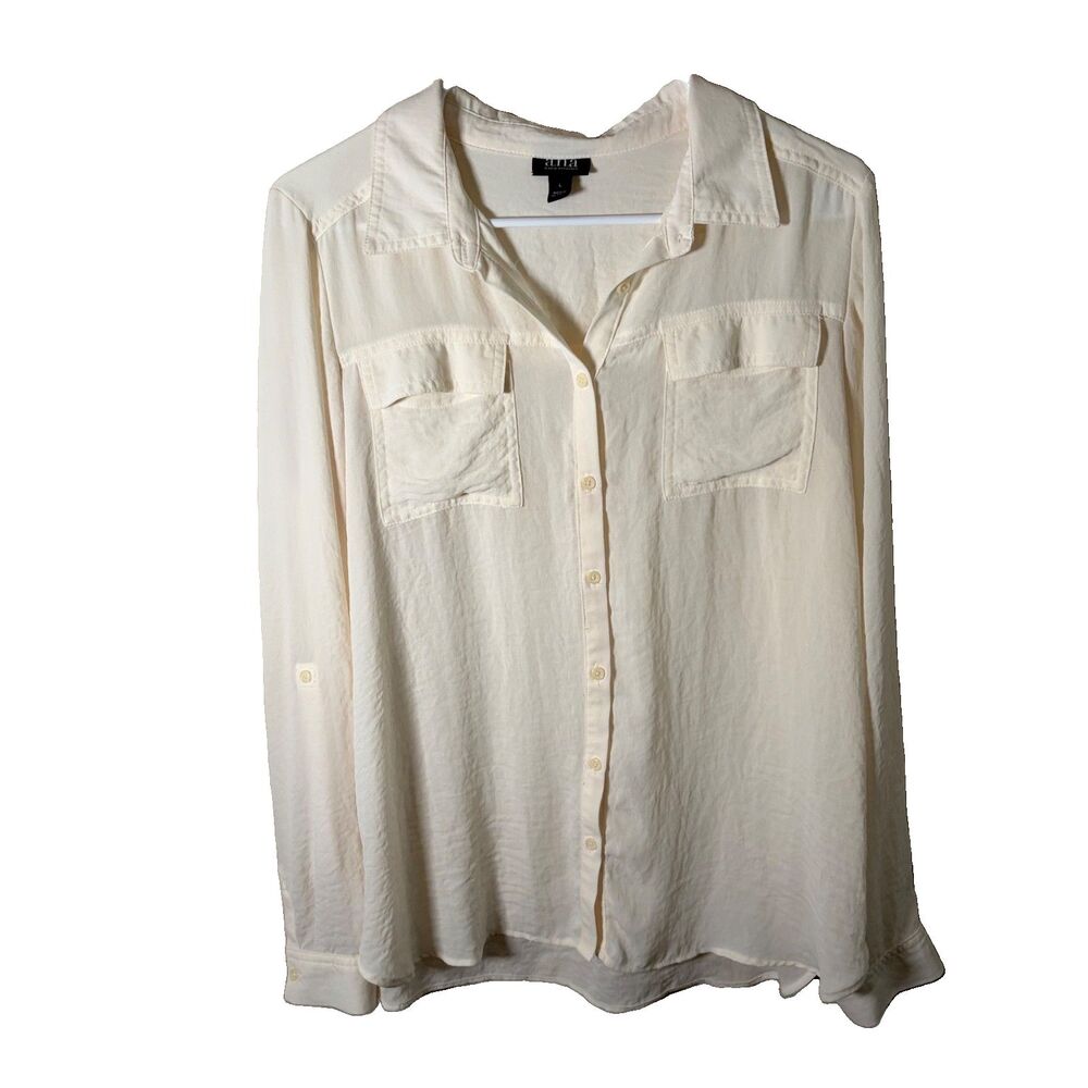 ANA Blouse Women's Large Ivory Button Up Sheer Long Sleeve Pocket Top Casual